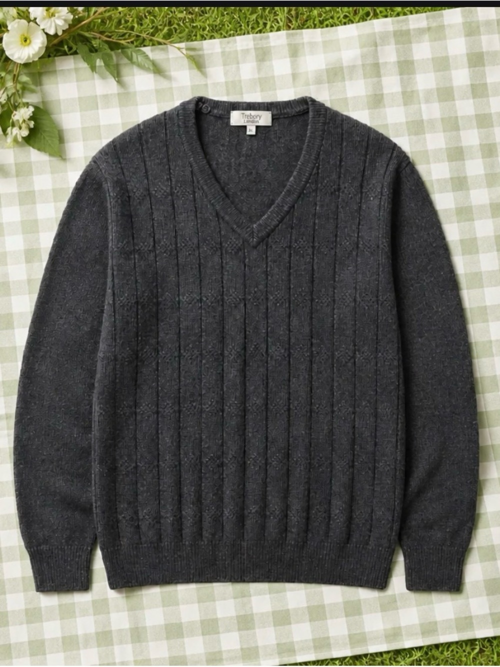 Turnbury Charcoal V-Neck Cable Knit Sweater for